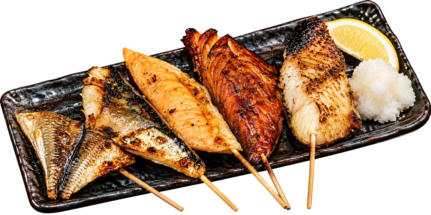 炭火で焼き上げた魚串の盛り合わせ